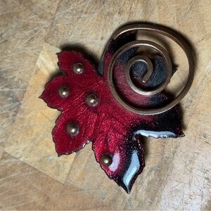 Signed Matisse Red Leaf Enamel Brooch Copper Spiral Vintage